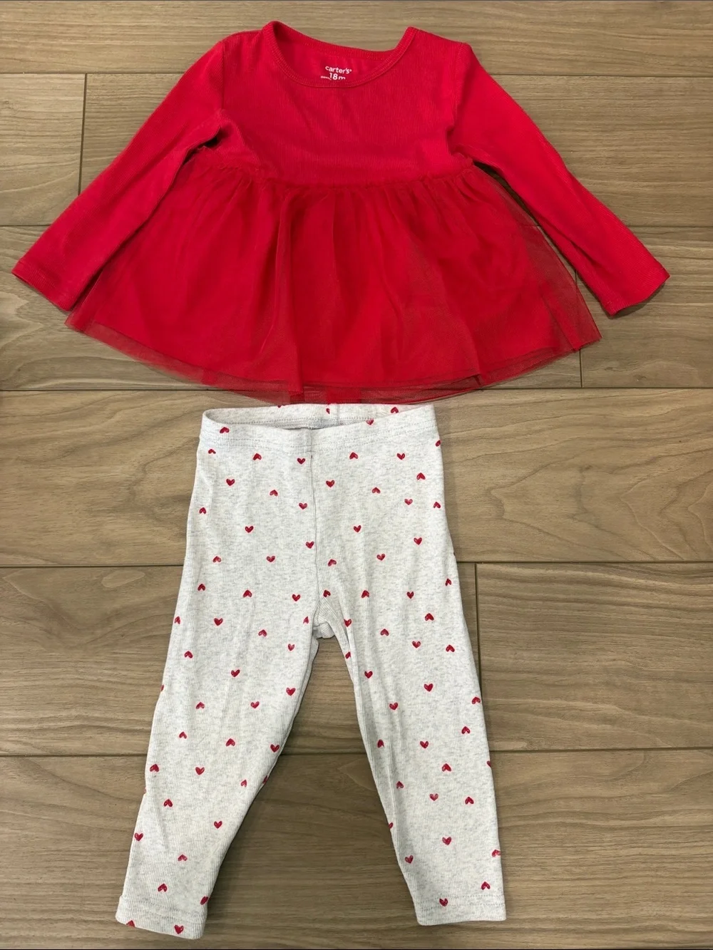 Carter's Red Tulle Peplum Top with Gray Heart Print Leggings